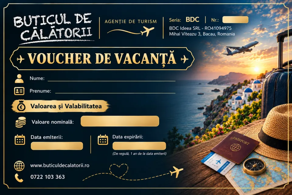 Modelul voucherului de vacanță Buticul de Călătorii: seria, numele beneficiarului, valoarea, data emiterii și data expirării